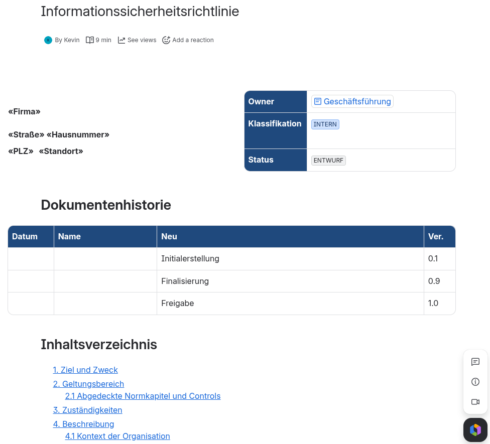 Confluence-Seite „Informationssicherheitsrichtlinie“ mit Tabelle für Owner, Klassifikation und Status, Dokumentenhistorie und Inhaltsverzeichnis