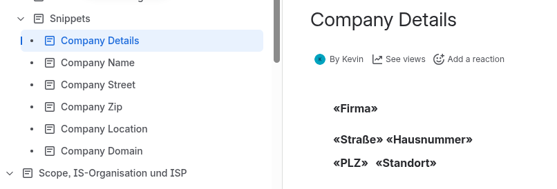 Confluence-Variablenseiten „Company Details“ mit Firmenname, Straße, PLZ, Standort und Domain