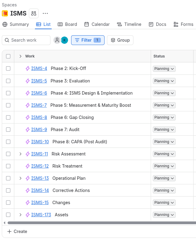 Jira-Projekt ISMS mit Vorgängen für die Phasen Kick-off bis CAPA sowie Risk Assessment, Risk Treatment, Operational Plan, Corrective Actions, Changes und Assets