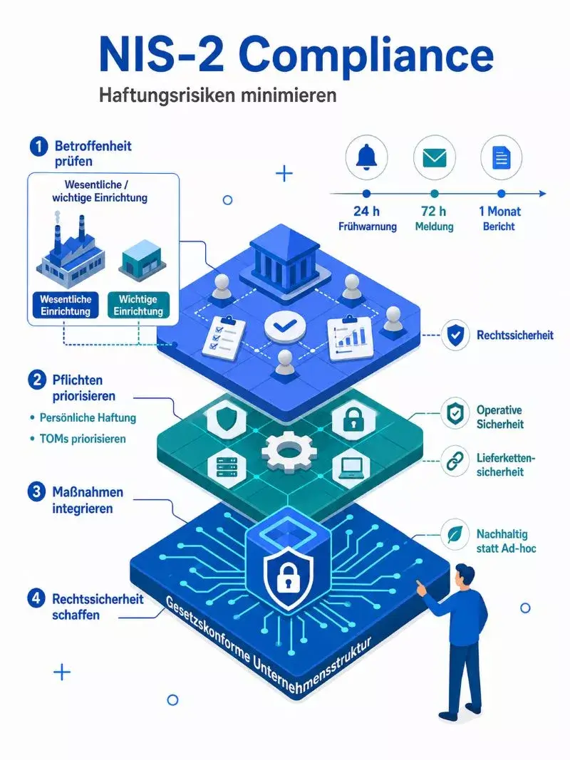 Infografik zur NIS-2 Compliance im Maschinen- und Anlagenbau. Sie zeigt die Prüfung der Betroffenheit als wesentliche oder wichtige Einrichtung, die Priorisierung von Pflichten und TOMs, Meldefristen von 24 Stunden, 72 Stunden und 1 Monat sowie die Integration von Lieferkettensicherheit, operativer Sicherheit und Rechtssicherheit in eine gesetzeskonforme Unternehmensstruktur.