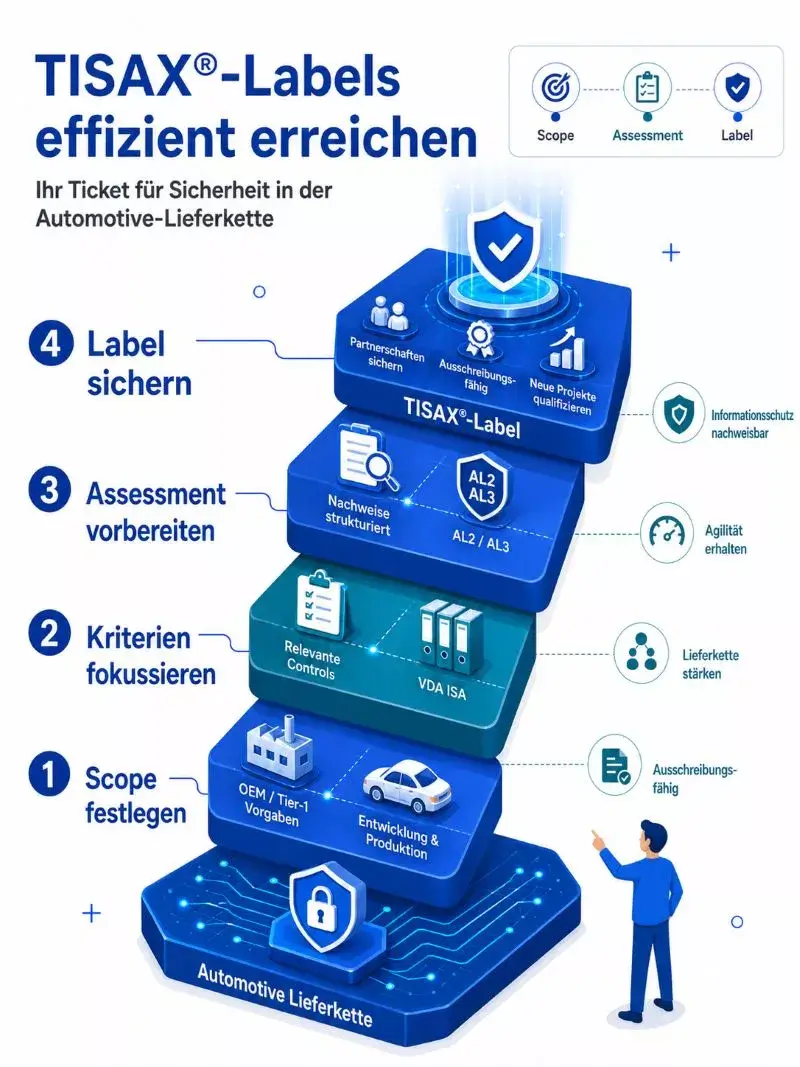 Infografik zum strukturierten Weg zum TISAX®-Label: Von der Scope-Definition über relevante VDA-ISA-Kriterien und Assessment-Vorbereitung bis zur nachweisbaren Informationssicherheit in der Automotive-Lieferkette.