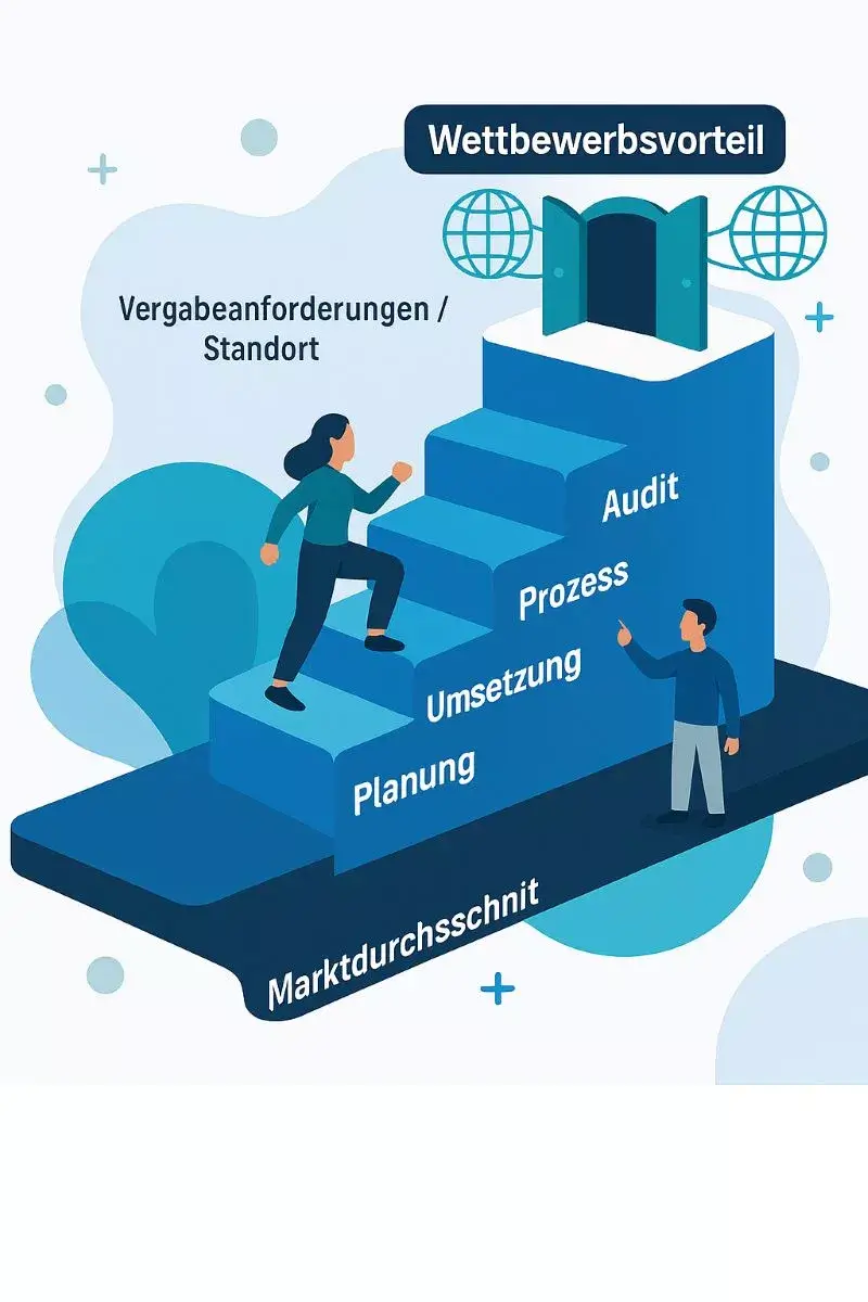 Infografik zur ISO 27001 Zertifizierung als Wettbewerbsvorteil: Sie zeigt den Weg vom Marktdurchschnitt über Planung, Umsetzung, Prozess und Audit bis zu besseren Vergabechancen bei Kundenanforderungen und Standortvorgaben.