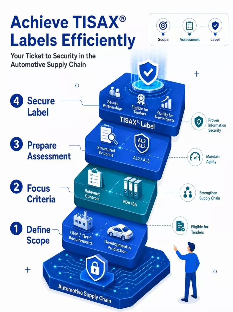 Illustration of a step-by-step TISAX audit process showing planning, implementation, process management and audit as stages that help companies meet tender requirements, strengthen their location strategy and gain a competitive advantage beyond the market average.