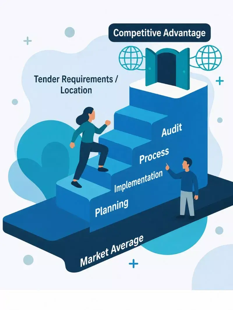 Illustration showing how ISO 27001 certification creates a competitive advantage: a company moves from the market average through planning, implementation, process optimization and audit to meet tender requirements and location-specific security requirements.