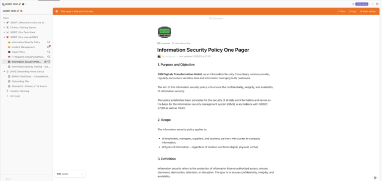ISO 27001 ISMS policies in the internal WIKI – 360 Digital Transformation